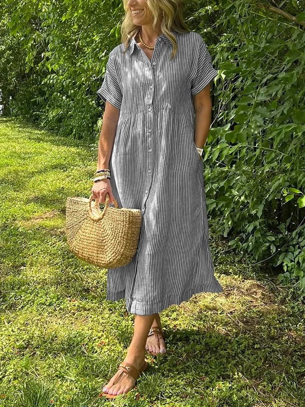 💗SOMMERANGEBOT - 50% RABATT💗Gestreiftes langes Blusenkleid mit V-Ausschnitt und Kragen für Damen