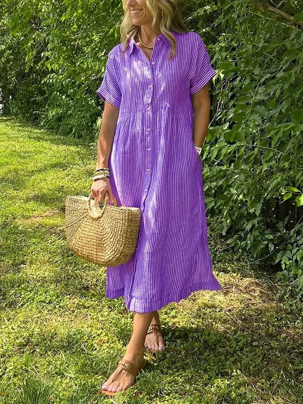 💗SOMMERANGEBOT - 50% RABATT💗Gestreiftes langes Blusenkleid mit V-Ausschnitt und Kragen für Damen