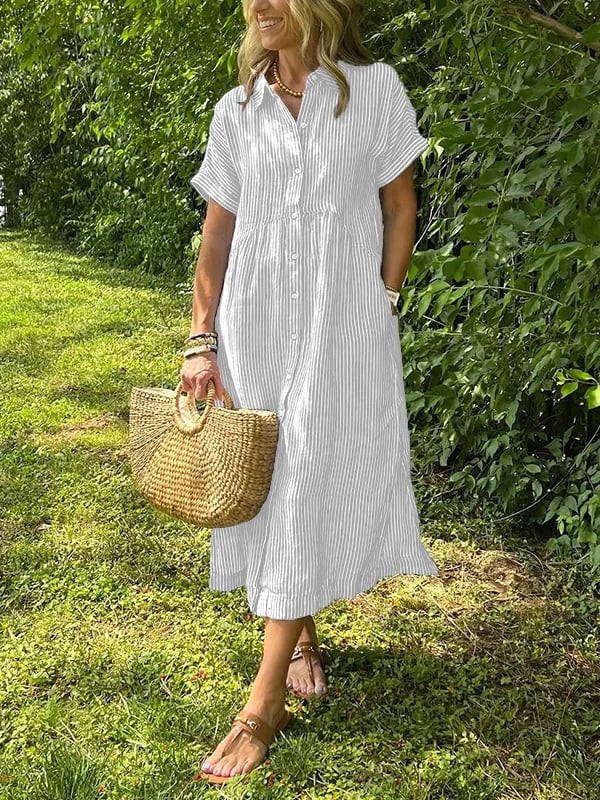 💗SOMMERANGEBOT - 50% RABATT💗Gestreiftes langes Blusenkleid mit V-Ausschnitt und Kragen für Damen