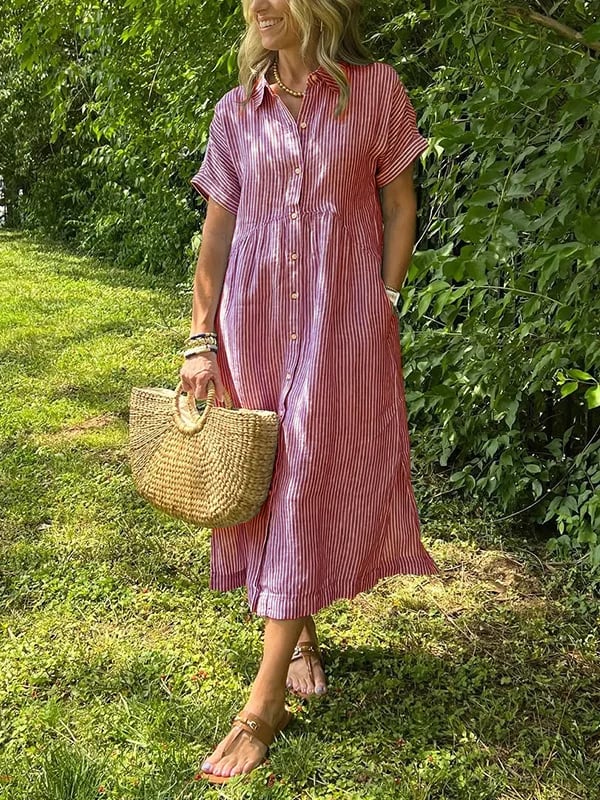 💗SOMMERANGEBOT - 50% RABATT💗Gestreiftes langes Blusenkleid mit V-Ausschnitt und Kragen für Damen