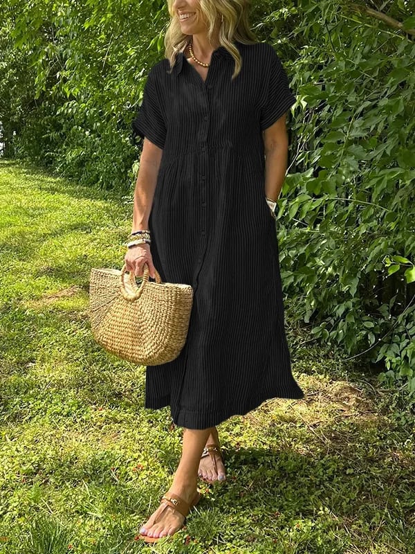 💗SOMMERANGEBOT - 50% RABATT💗Gestreiftes langes Blusenkleid mit V-Ausschnitt und Kragen für Damen