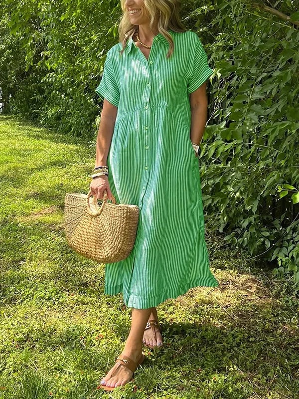 💗SOMMERANGEBOT - 50% RABATT💗Gestreiftes langes Blusenkleid mit V-Ausschnitt und Kragen für Damen