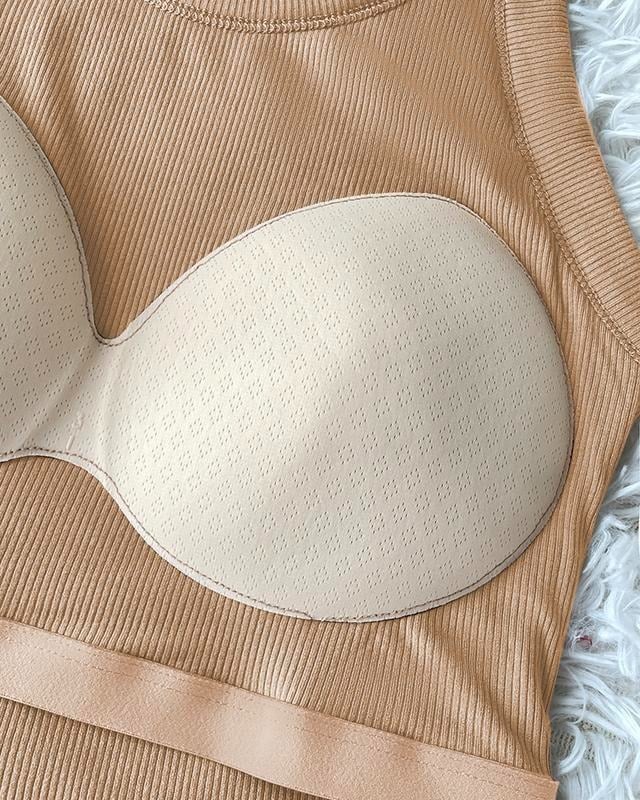 ⏰Letzter Tag 50 % Rabatt🍂Damen-Shirt mit U-Ausschnitt, integriertem BH, langen Ärmeln und Rippstrick Elegantes, figurbetontes Modell