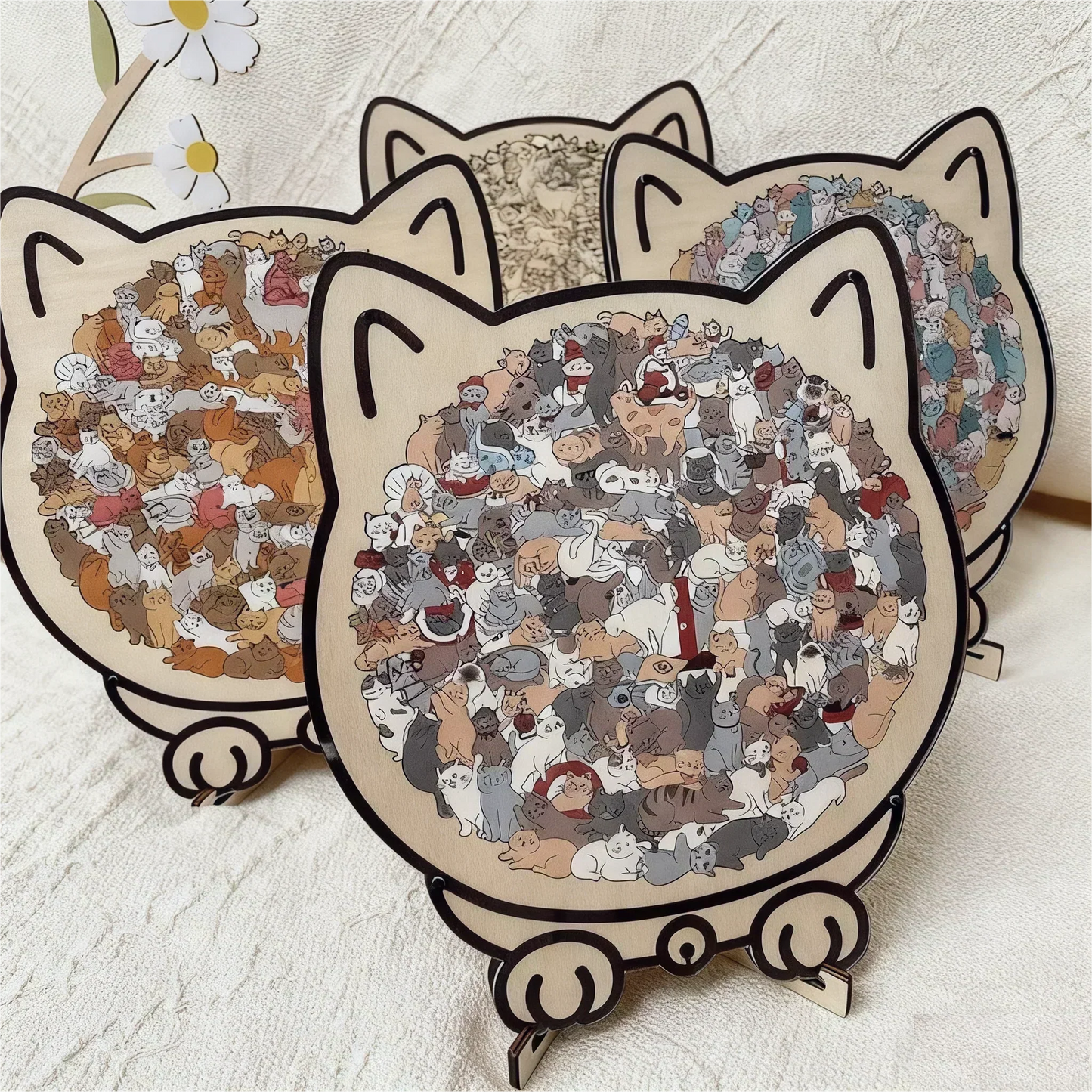 🎁Weihnachtsverkauf - 50 % Rabatt🎅Morandi-farbenes Katzenförmiges Holzpuzzle mit 135 Teilen
