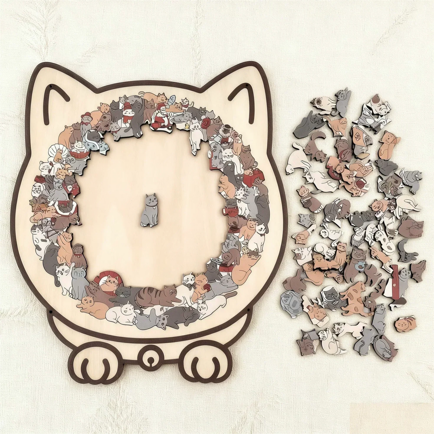 🎁Weihnachtsverkauf - 50 % Rabatt🎅Morandi-farbenes Katzenförmiges Holzpuzzle mit 135 Teilen