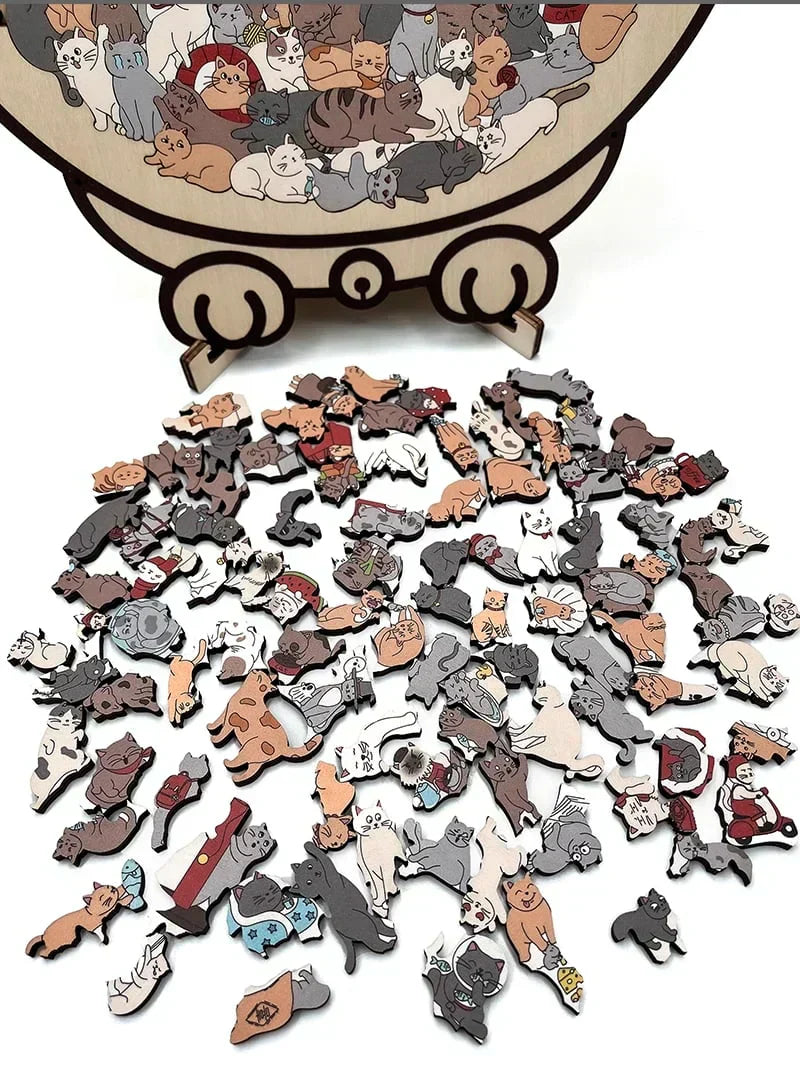 🎁Weihnachtsverkauf - 50 % Rabatt🎅Morandi-farbenes Katzenförmiges Holzpuzzle mit 135 Teilen