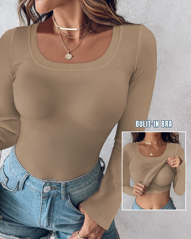 ⏰Letzter Tag 50 % Rabatt🍂Damen-Shirt mit U-Ausschnitt, integriertem BH, langen Ärmeln und Rippstrick Elegantes, figurbetontes Modell