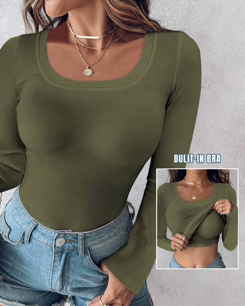 ⏰Letzter Tag 50 % Rabatt🍂Damen-Shirt mit U-Ausschnitt, integriertem BH, langen Ärmeln und Rippstrick Elegantes, figurbetontes Modell