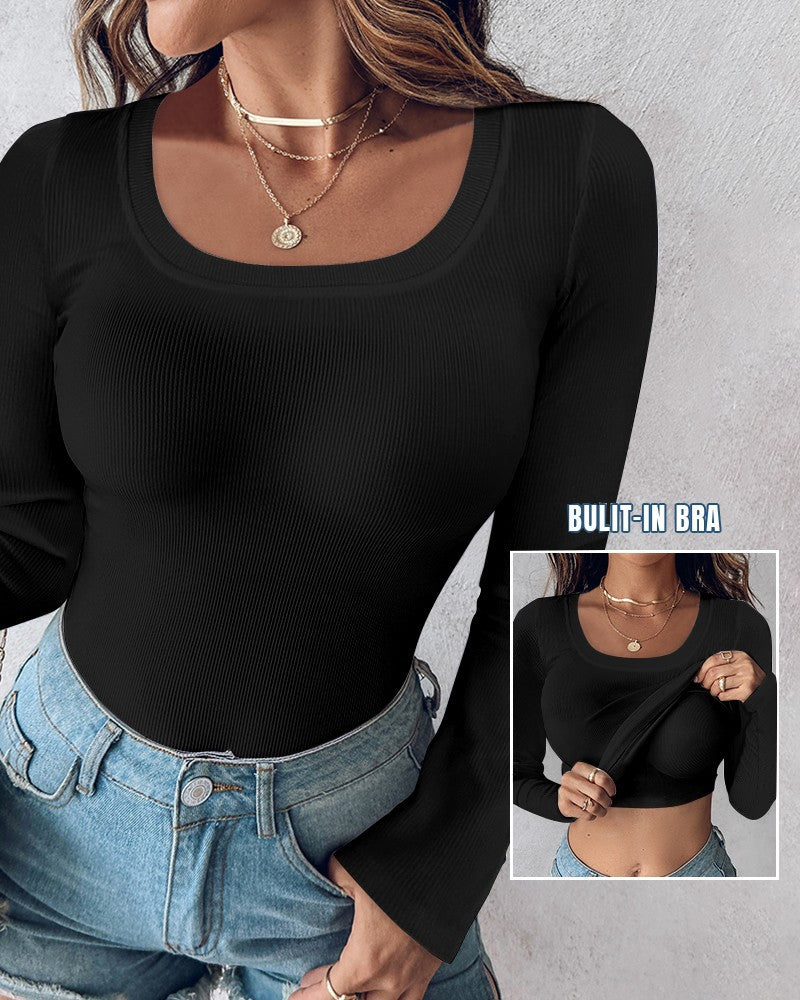 ⏰Letzter Tag 50 % Rabatt🍂Damen-Shirt mit U-Ausschnitt, integriertem BH, langen Ärmeln und Rippstrick Elegantes, figurbetontes Modell