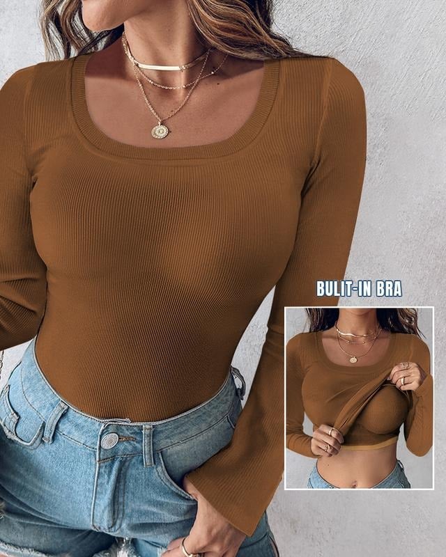 ⏰Letzter Tag 50 % Rabatt🍂Damen-Shirt mit U-Ausschnitt, integriertem BH, langen Ärmeln und Rippstrick Elegantes, figurbetontes Modell